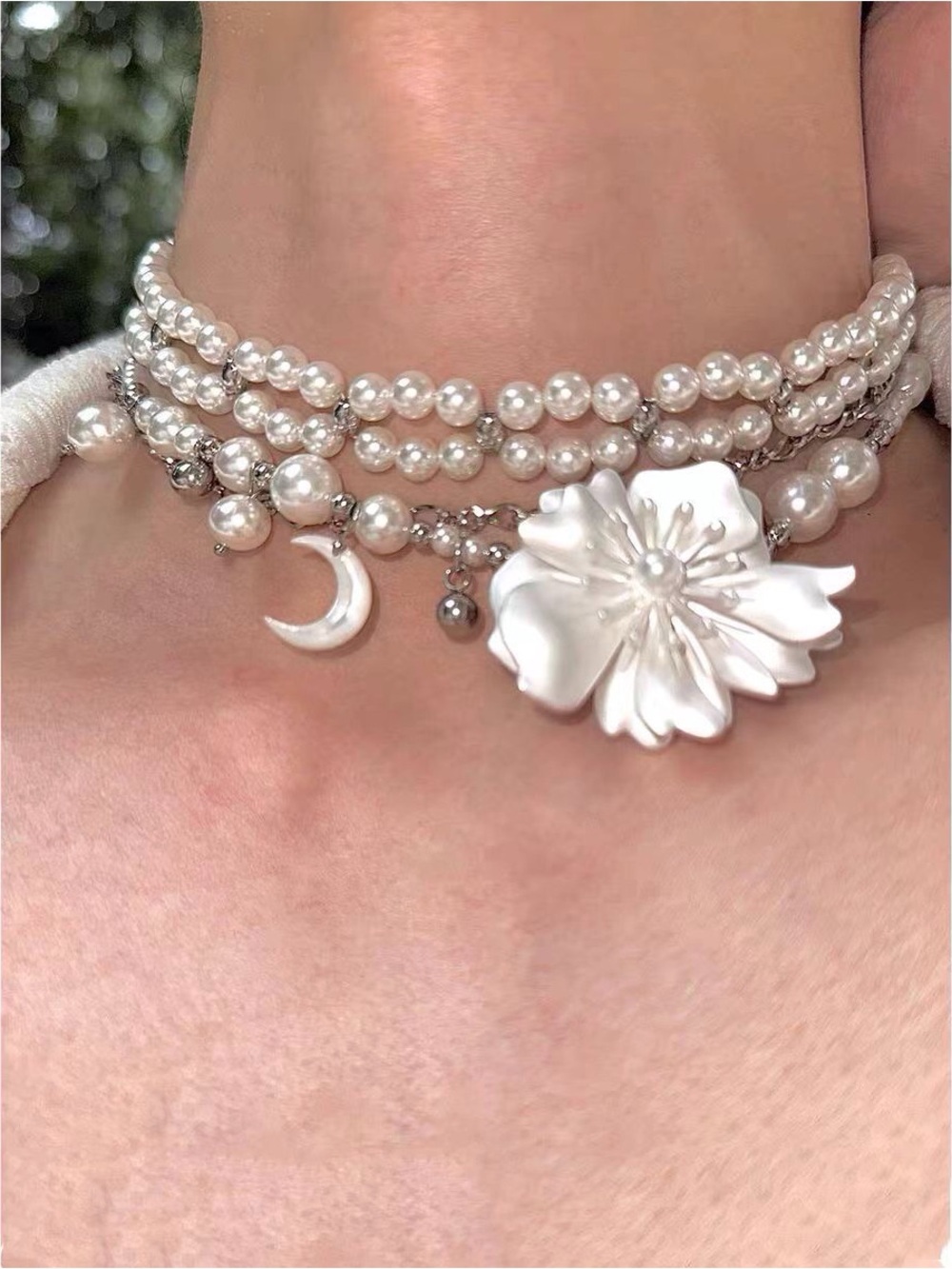Pearl Necklace Set of 2|Flower Moon Charm + Triple Strand Choker|Coquette Bridal